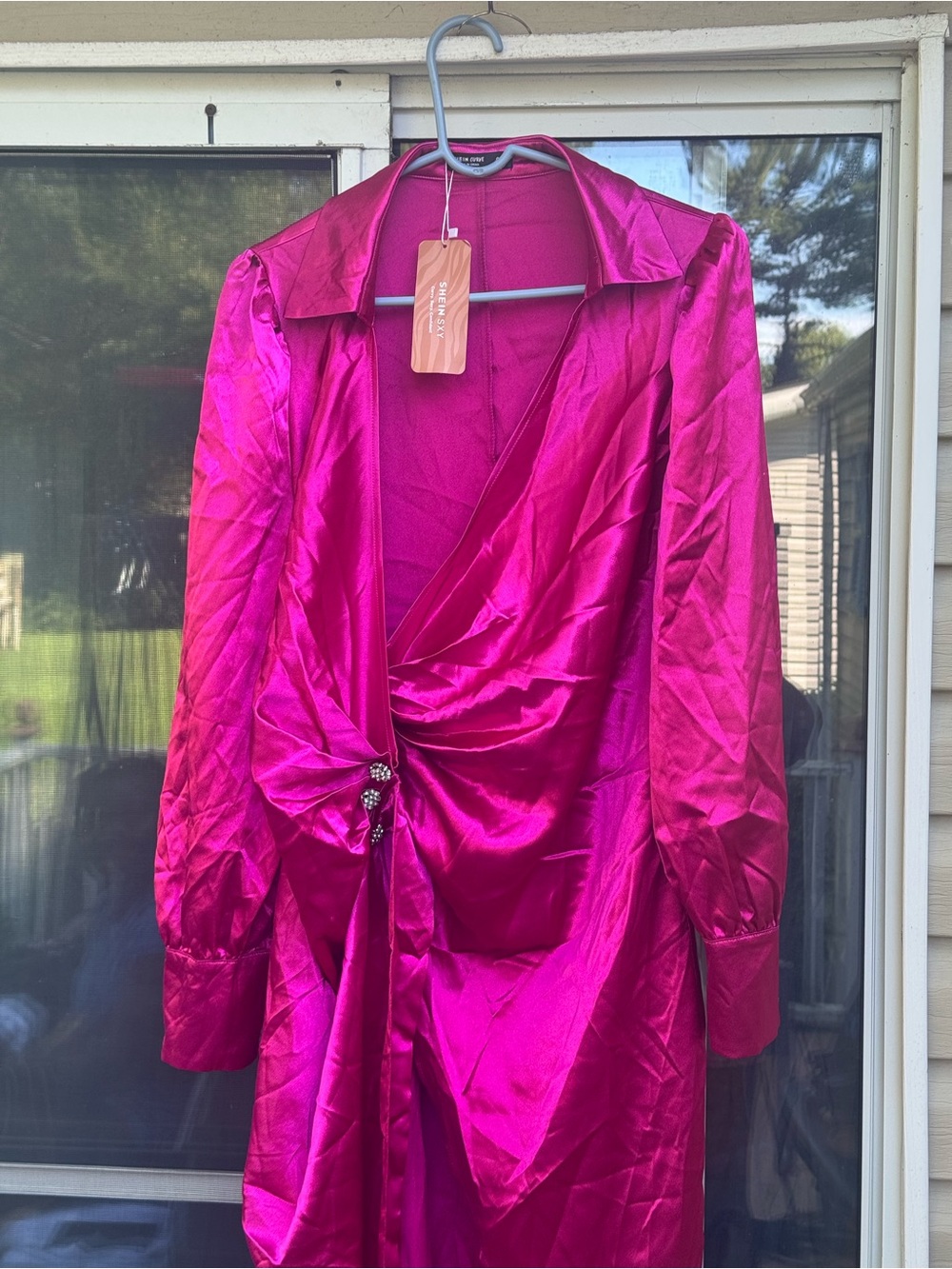 SHEIN Satin Wrap Robe Dress in Fuchsia Dress